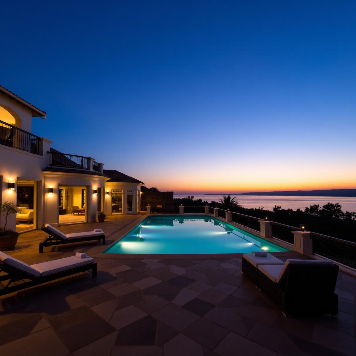 Villa terrace at dusk